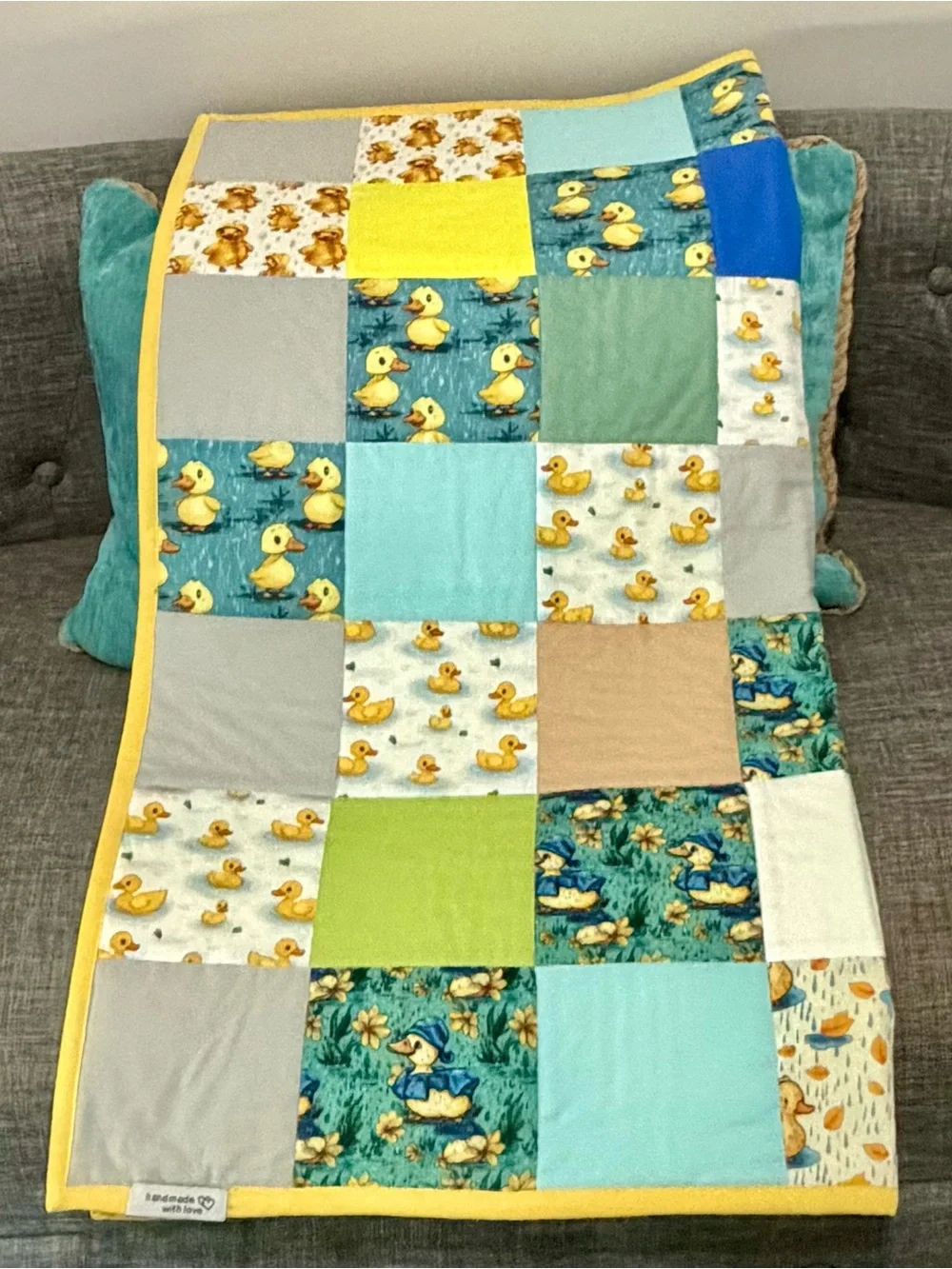Patchwork Duck Baby Quilt in Yellow, Blue & Teal